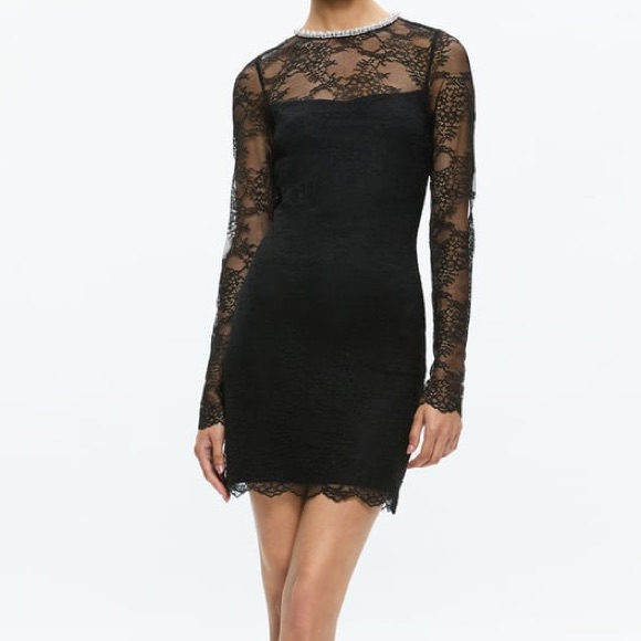 New Alice + Olivia Delora Embellished Neck Long Sleeve Lace Mini Dress